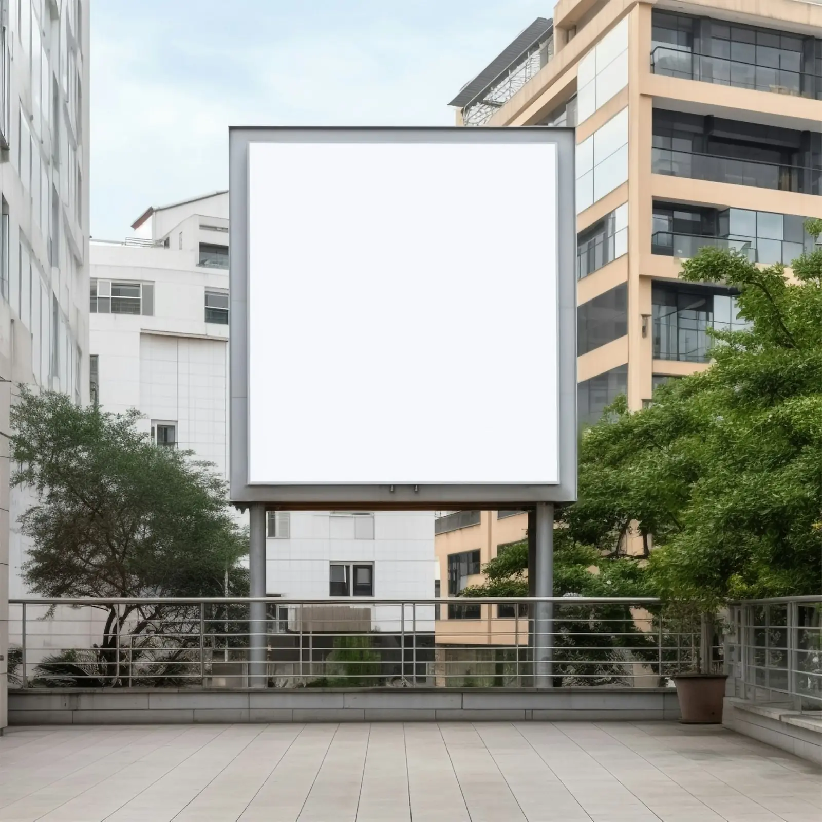 Şehirde iki bina arasında duran boş reklam panosu
