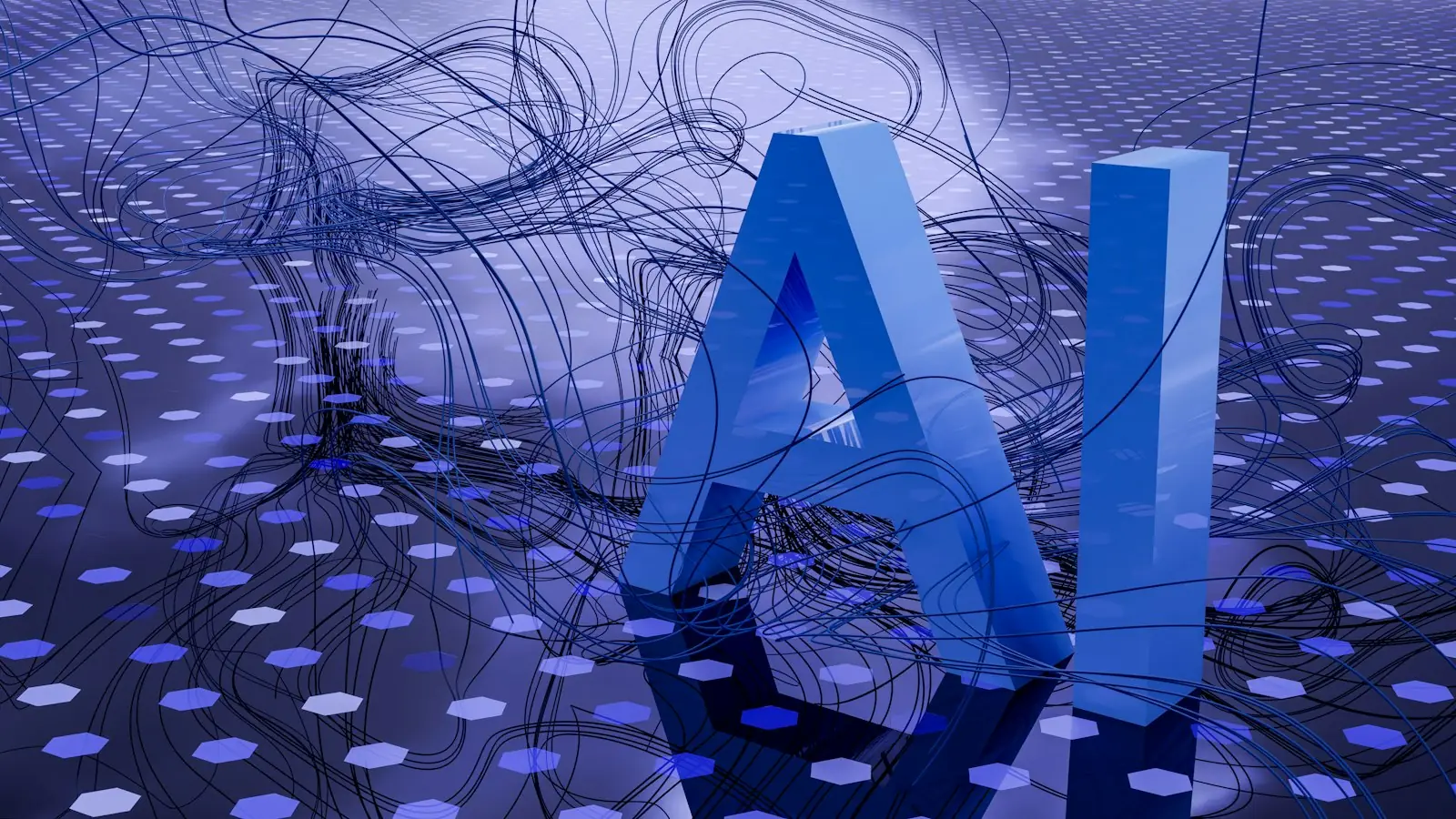 Three-dimensional AI letters on a blue digital background