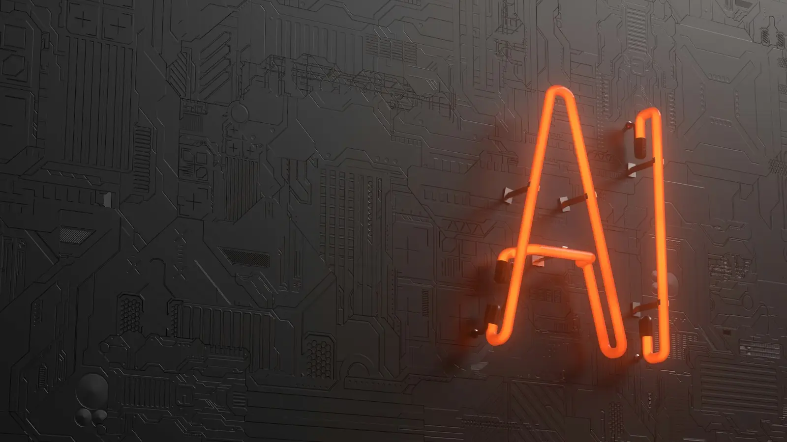 Orange neon AI lettering on a dark circuit board