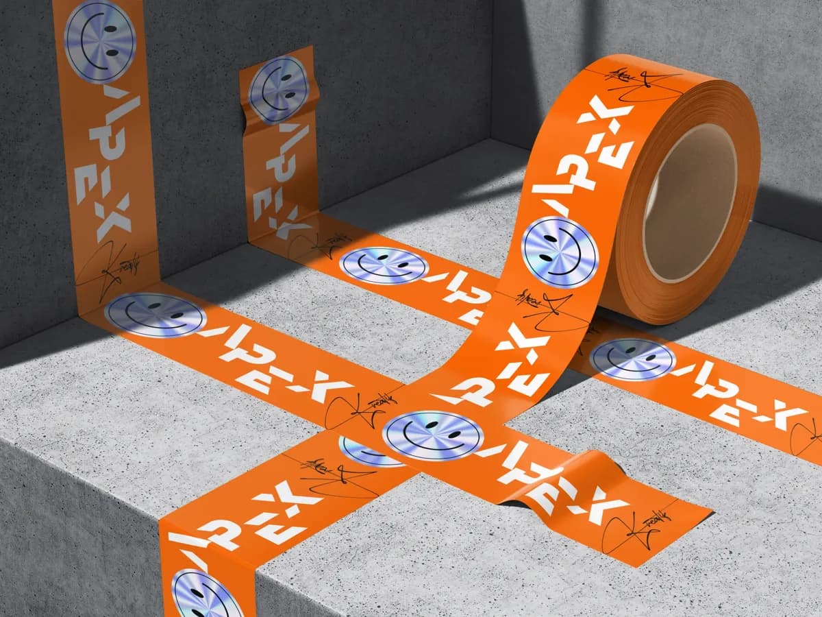 Orange packing tapes with the Apex logo and smiley faces stuck crosswise on a concrete floor